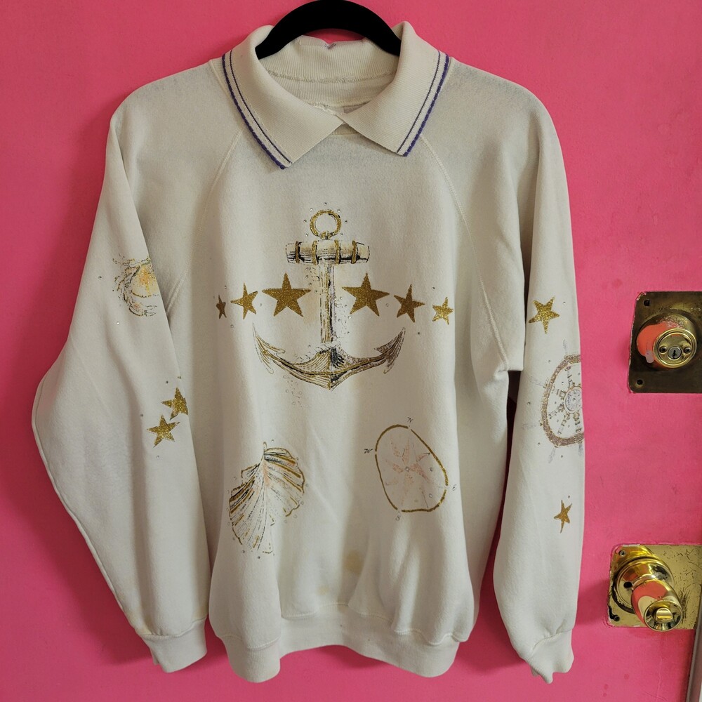 Vintage 80s 90s nautical Collared Sweatshirt XL Anchor Star cottagecore grandma